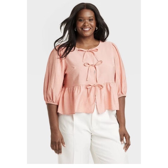 Ava & Viv Tops - Ava‎ & Viv Pink Tie Front Peplum Blouse XXL Elbow Sleeve Rayon NWT